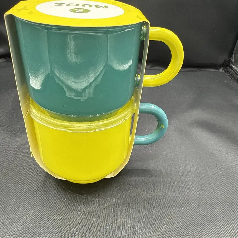 NEW Target Bullseye Playground Set of 2 Teal & Yellow glass mugs/hand crafted
